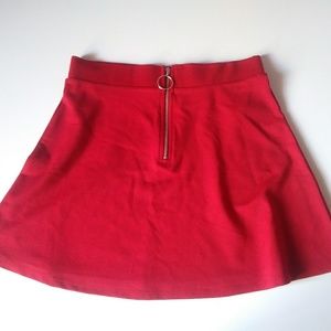 red mini skirt with zipper front